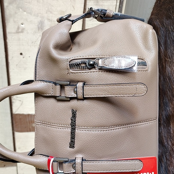 Montana West satchel crossbody bag beige zip lop double handle PU leather pocket - Picture 3 of 8